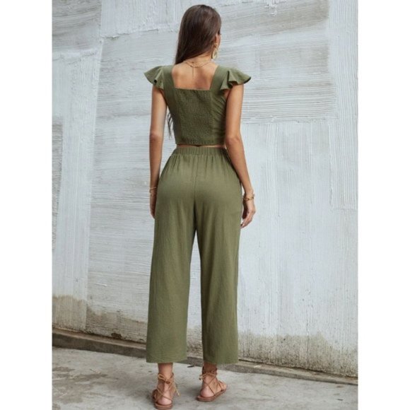 Ruffle Trim Twist Top With Pants - Picture 3 of 6